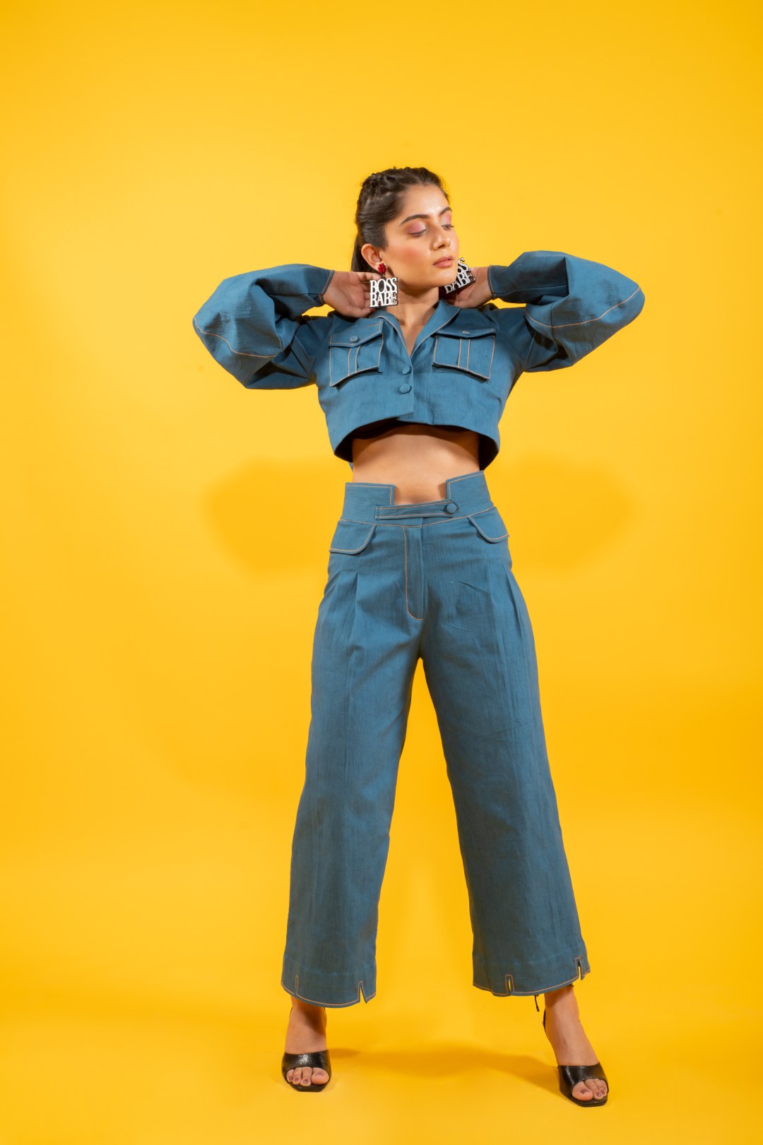 Denim oversized short jacket with statement bottom set