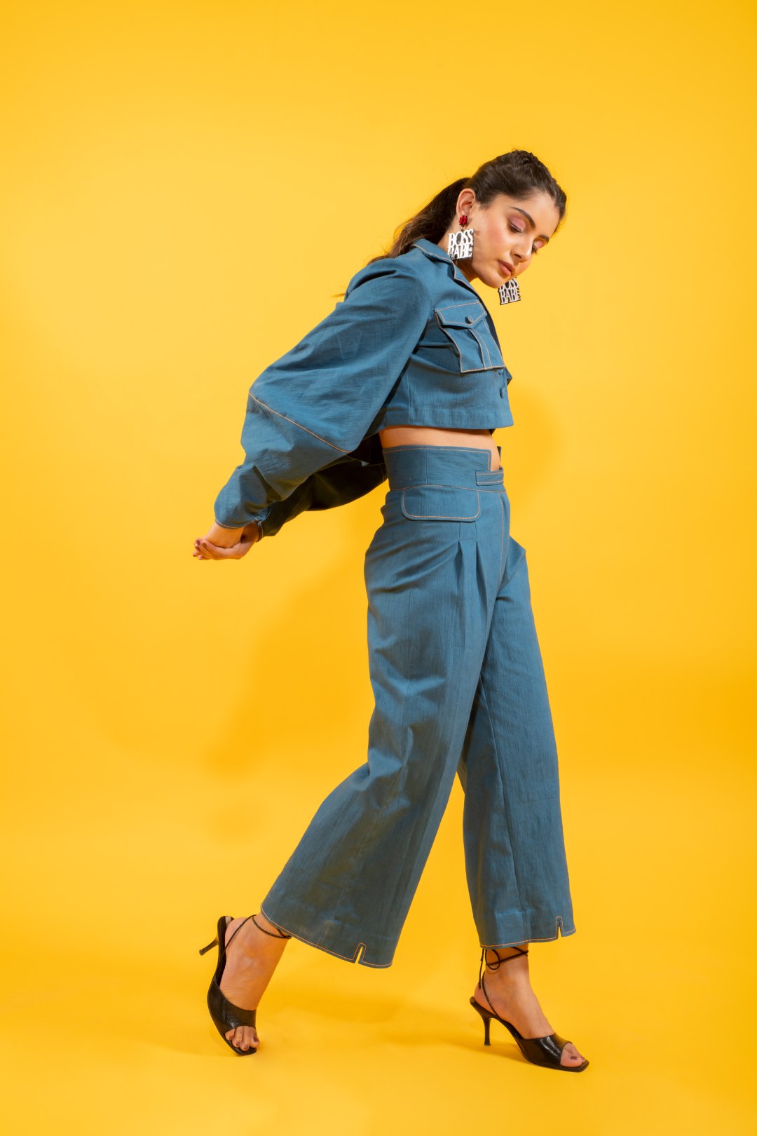 Denim oversized short jacket with statement bottom set