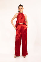 Red Hot Halter Backless Top With Cordinated Pants - Kaoribyshreya