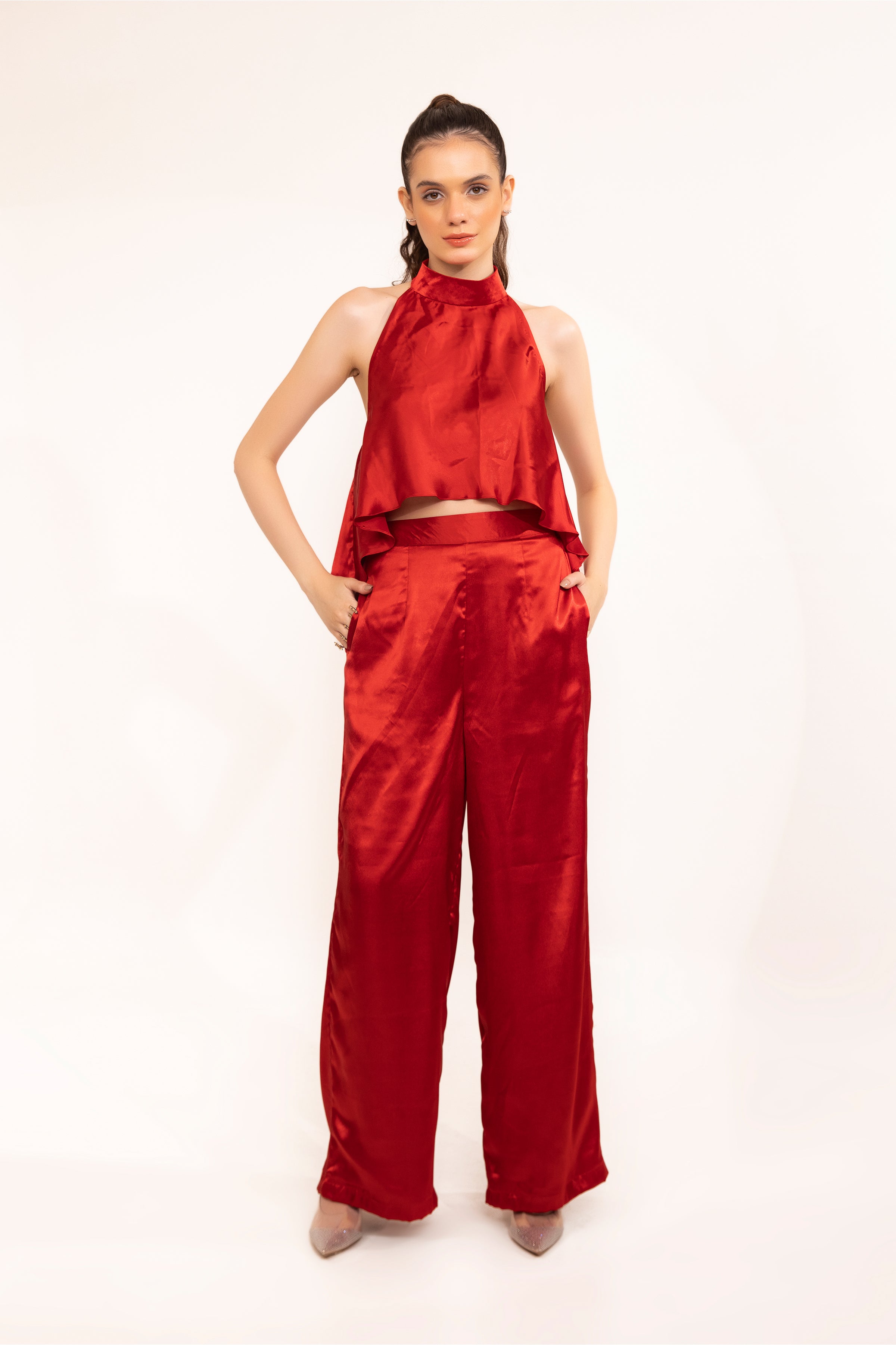 Red Hot Halter Backless Top With Cordinated Pants - Kaoribyshreya