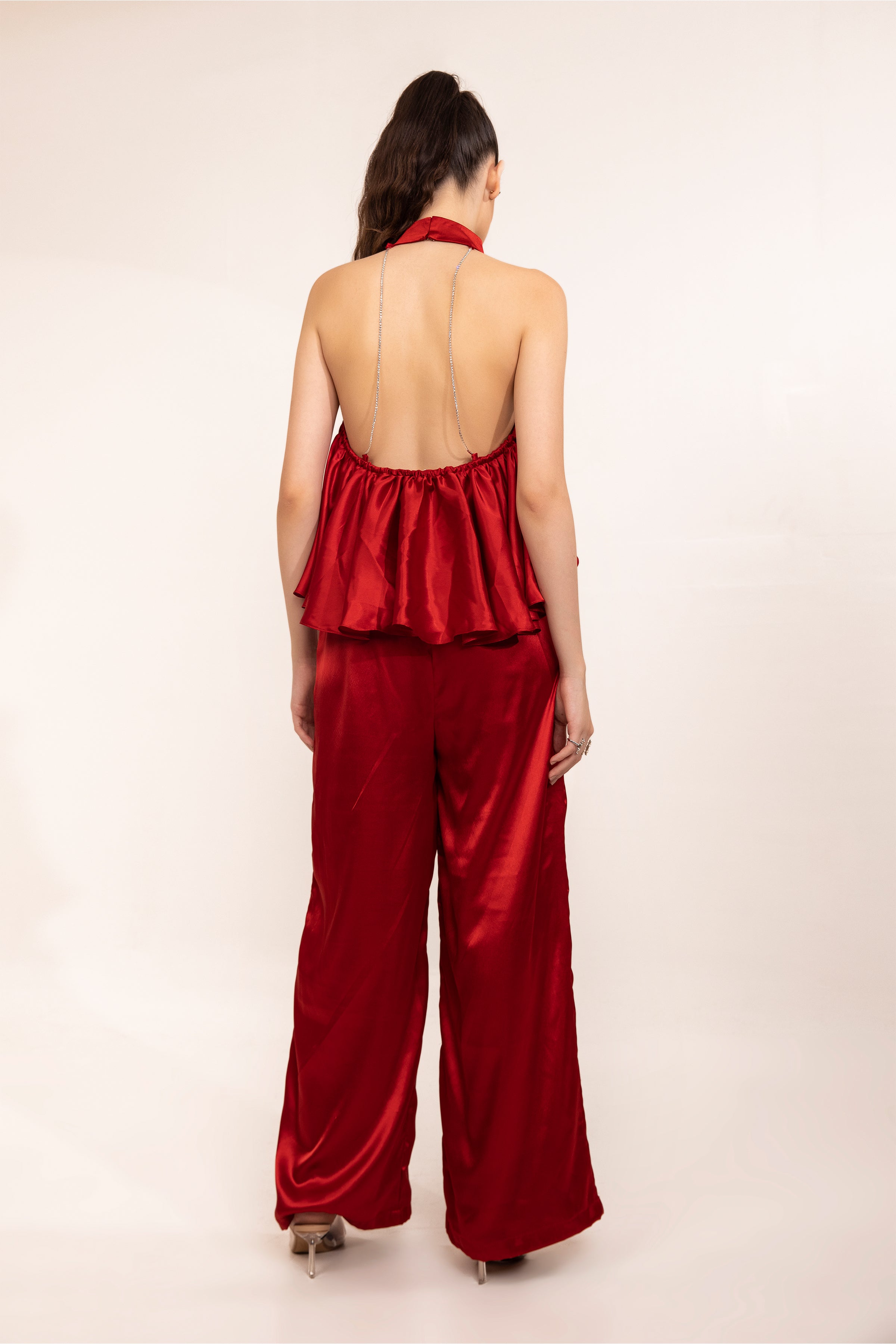 Red Hot Halter Backless Top With Cordinated Pants - Kaoribyshreya