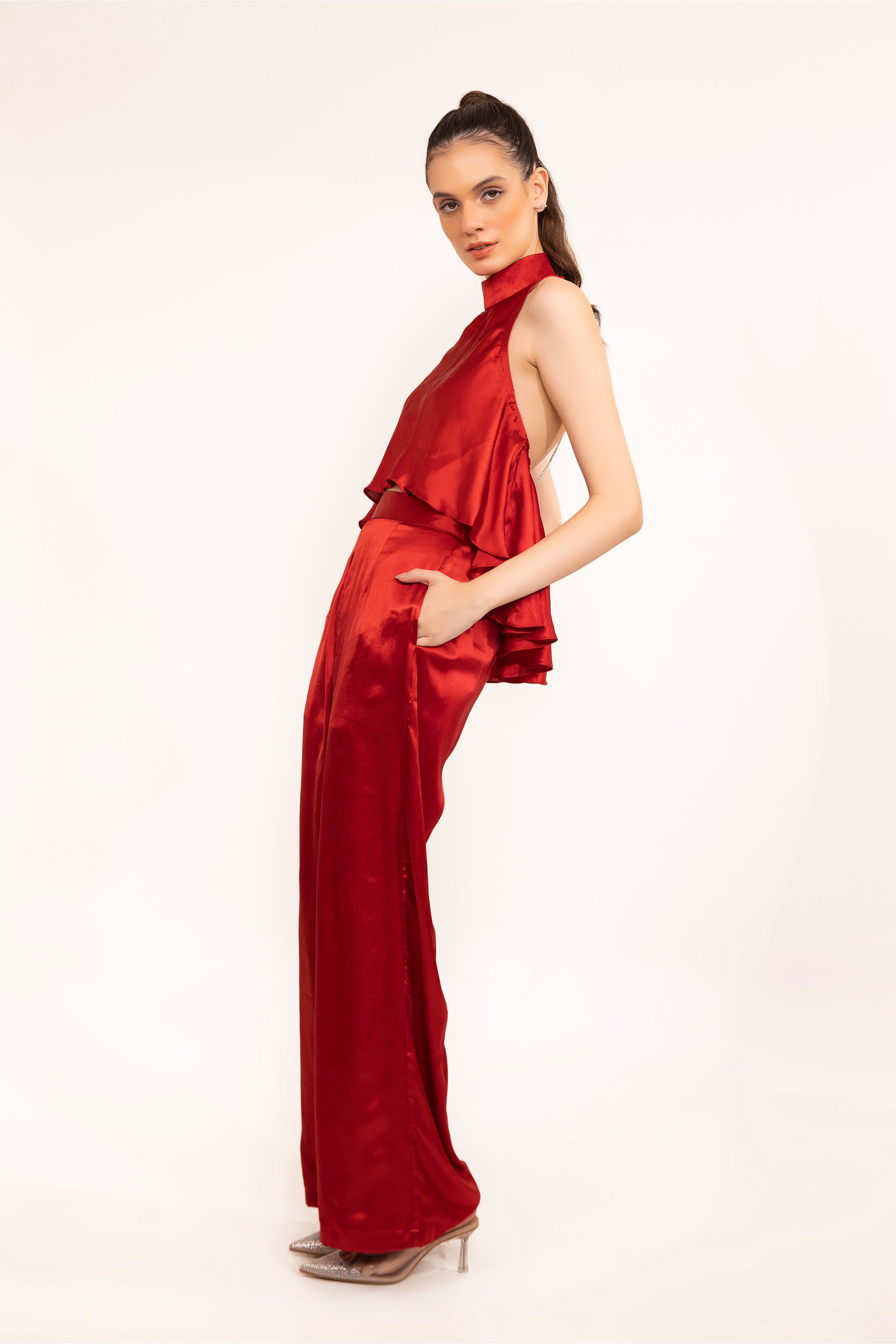 Red Hot Halter Backless Top With Cordinated Pants - Kaoribyshreya