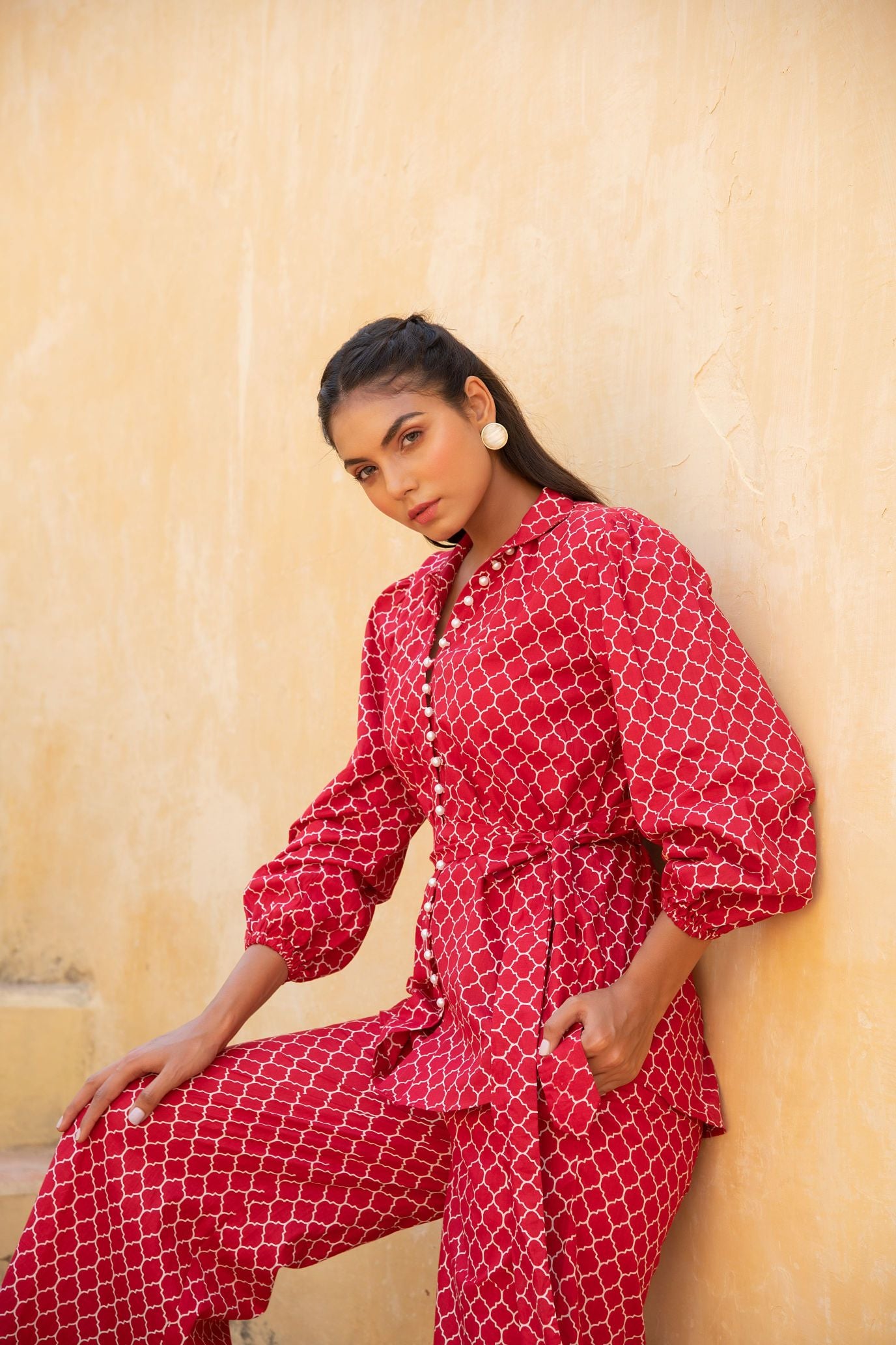 Geometric Lava Red Pant Suit Set