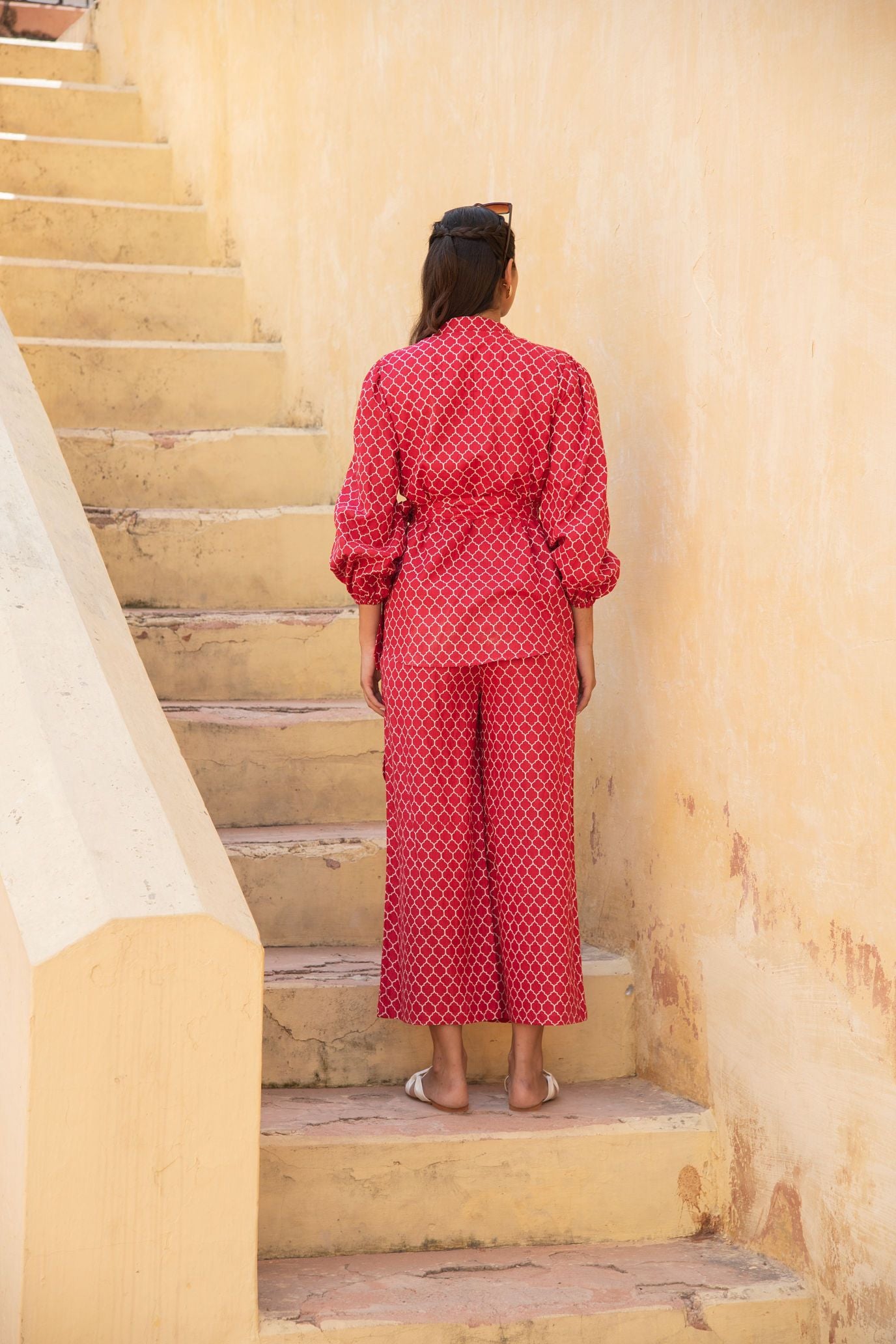 Geometric Lava Red Pant Suit Set