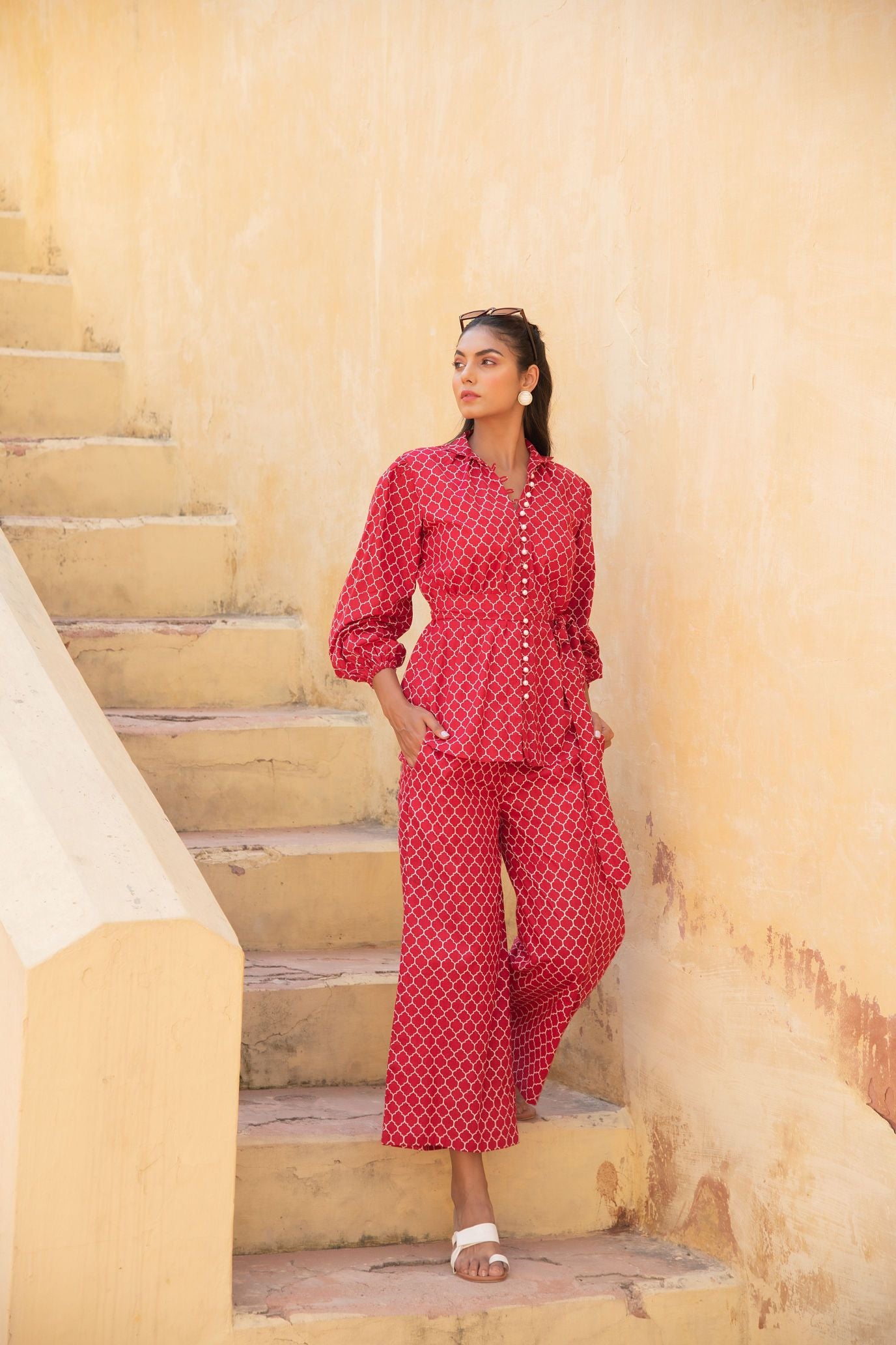 Geometric Lava Red Pant Suit Set