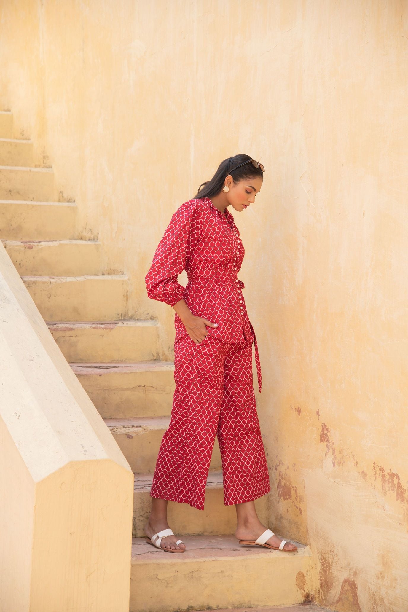 Geometric Lava Red Pant Suit Set
