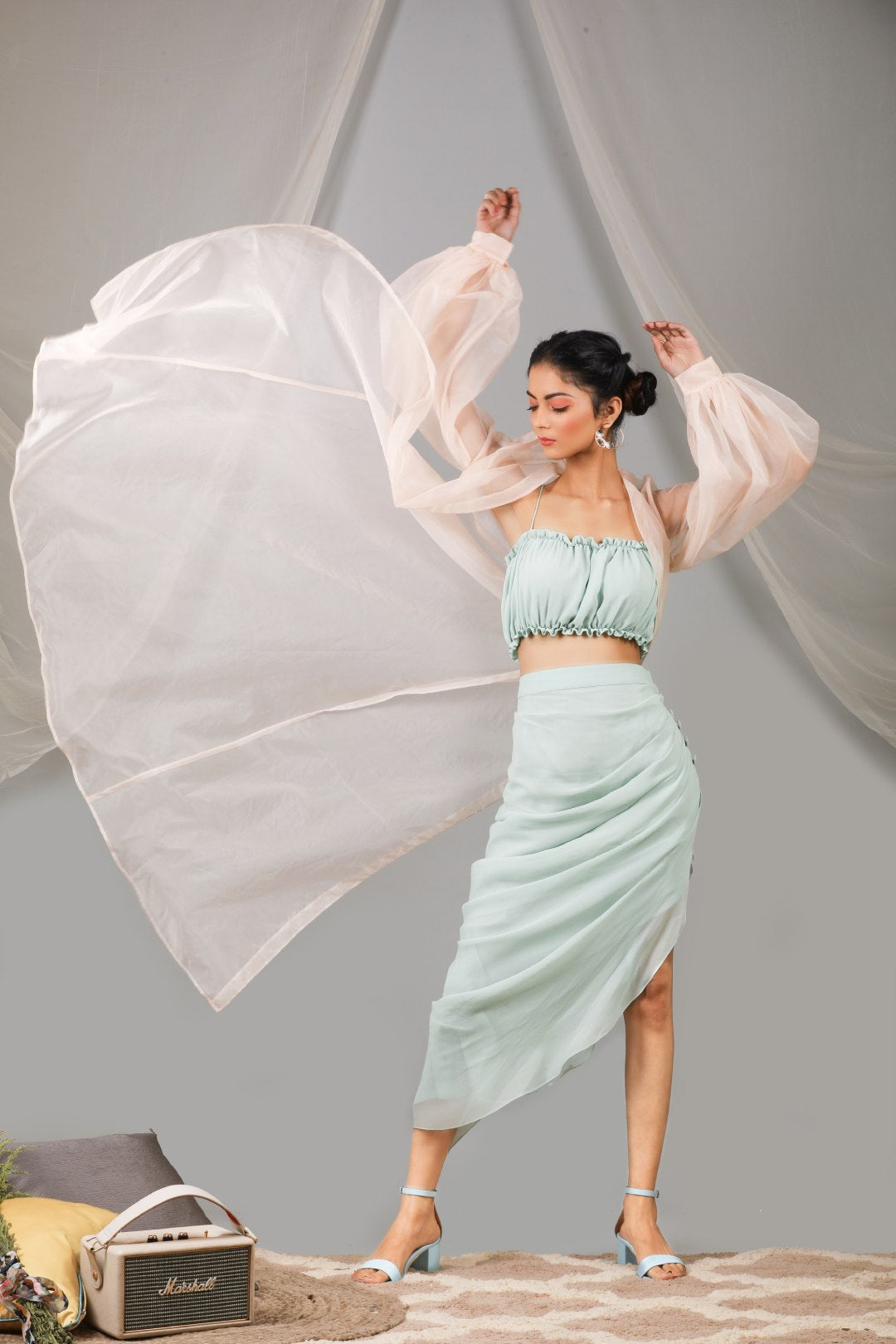 Organza puff sleeve long jacket with top and cowl skirt