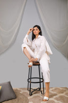 Pearled ivory back tie up shirt with pant set