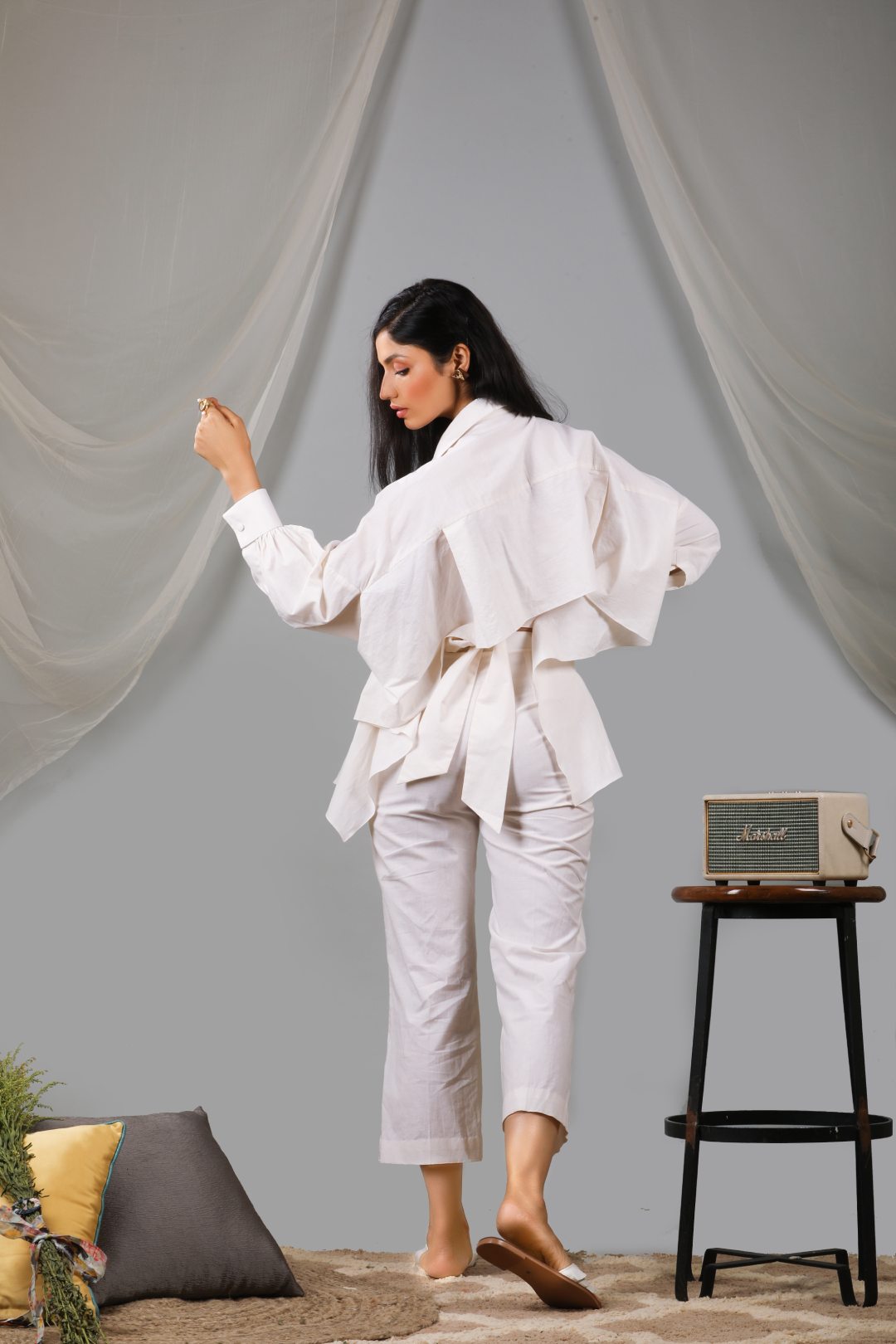 Pearled ivory back tie up shirt with pant set