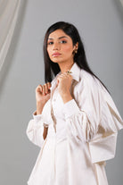 Pearled ivory back tie up shirt with pant set