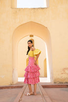 Lime Yellow Off Shoulder Top with Retro Pink Polka Dots Layered Skirt