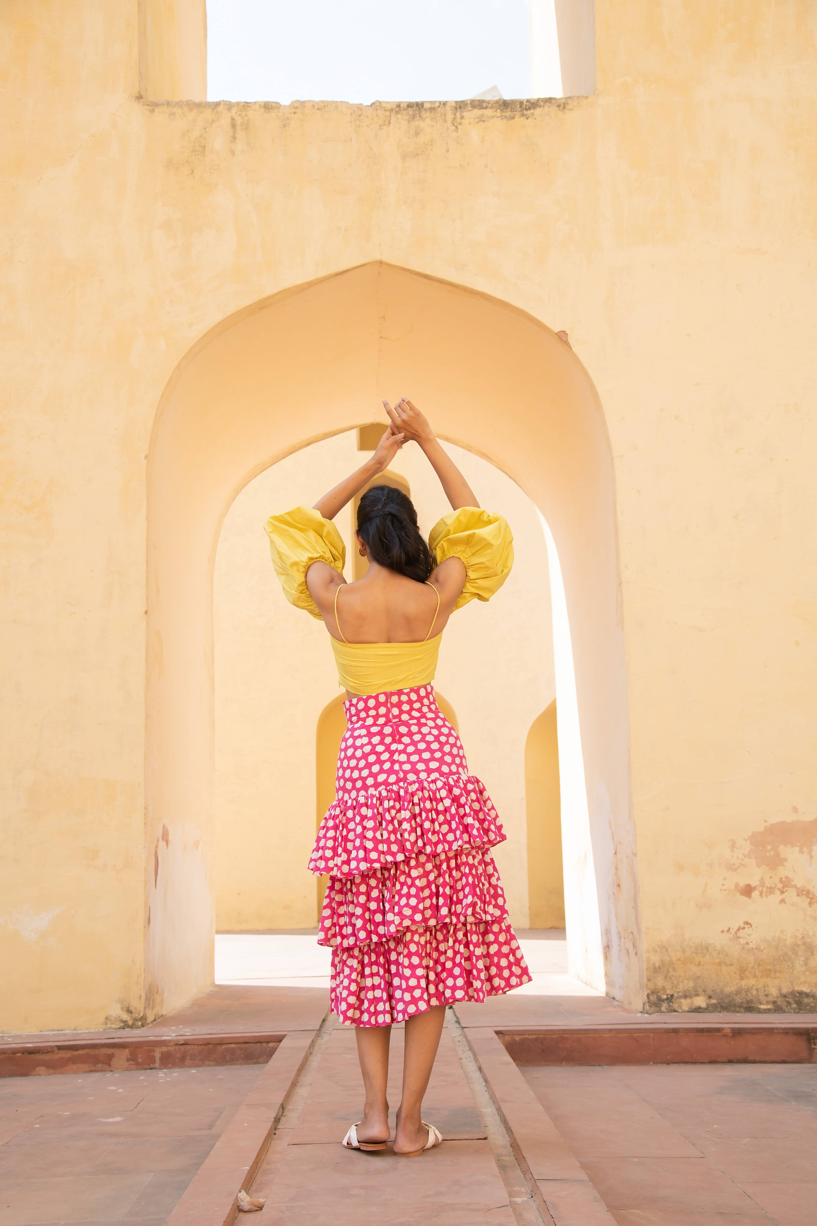 Lime Yellow Off Shoulder Top with Retro Pink Polka Dots Layered Skirt