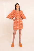 tangy orange stripe printed bodycon backless summer dress with drama sleeves