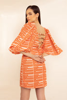 tangy orange stripe printed bodycon backless summer dress with drama sleeves