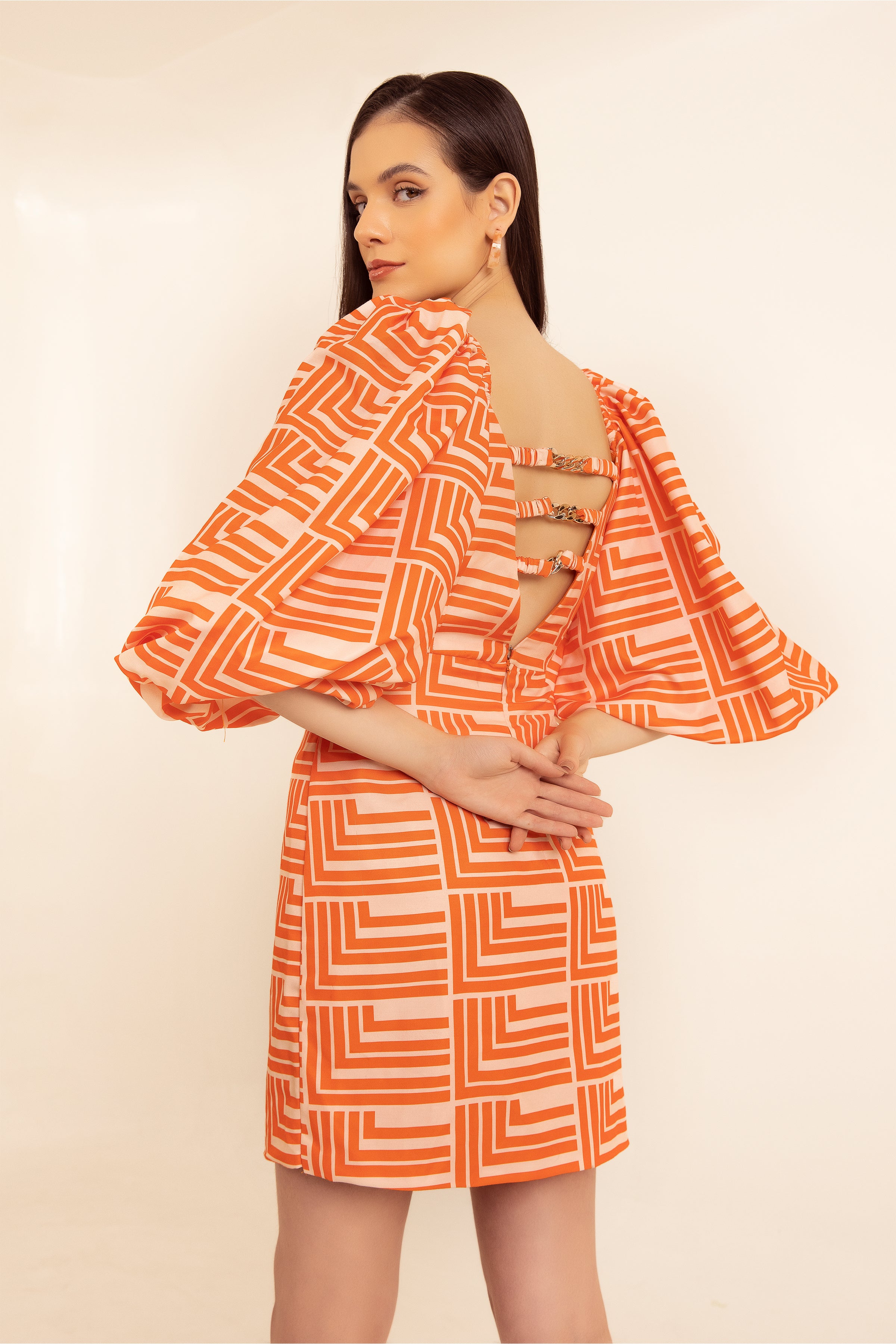 tangy orange stripe printed bodycon backless summer dress with drama sleeves