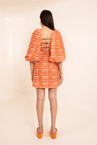 tangy orange stripe printed bodycon backless summer dress with drama sleeves