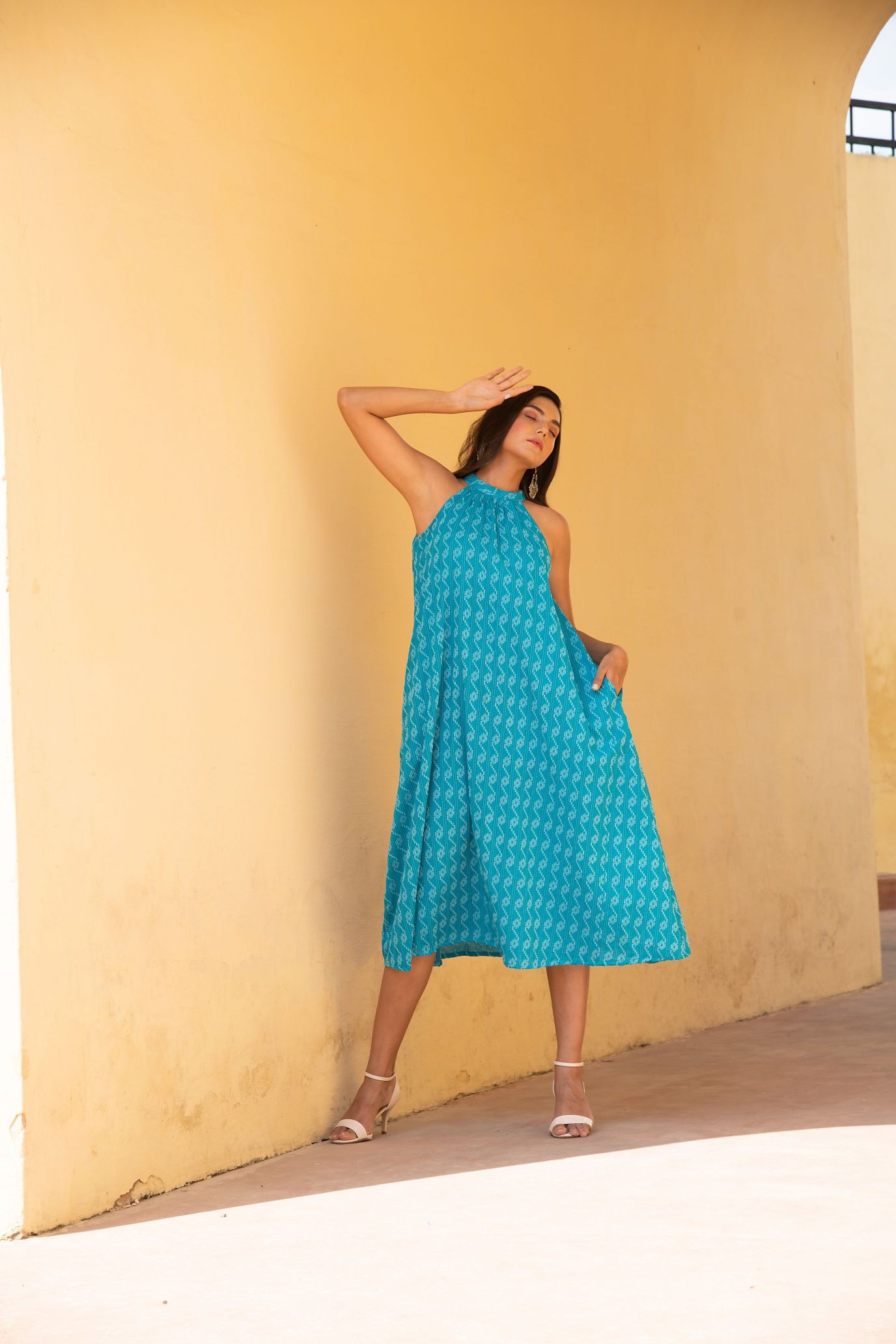 Scuba Blue Kantha Halter Neck Dress