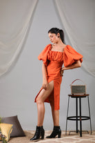 Burnt orange puff front shift dress with side slit