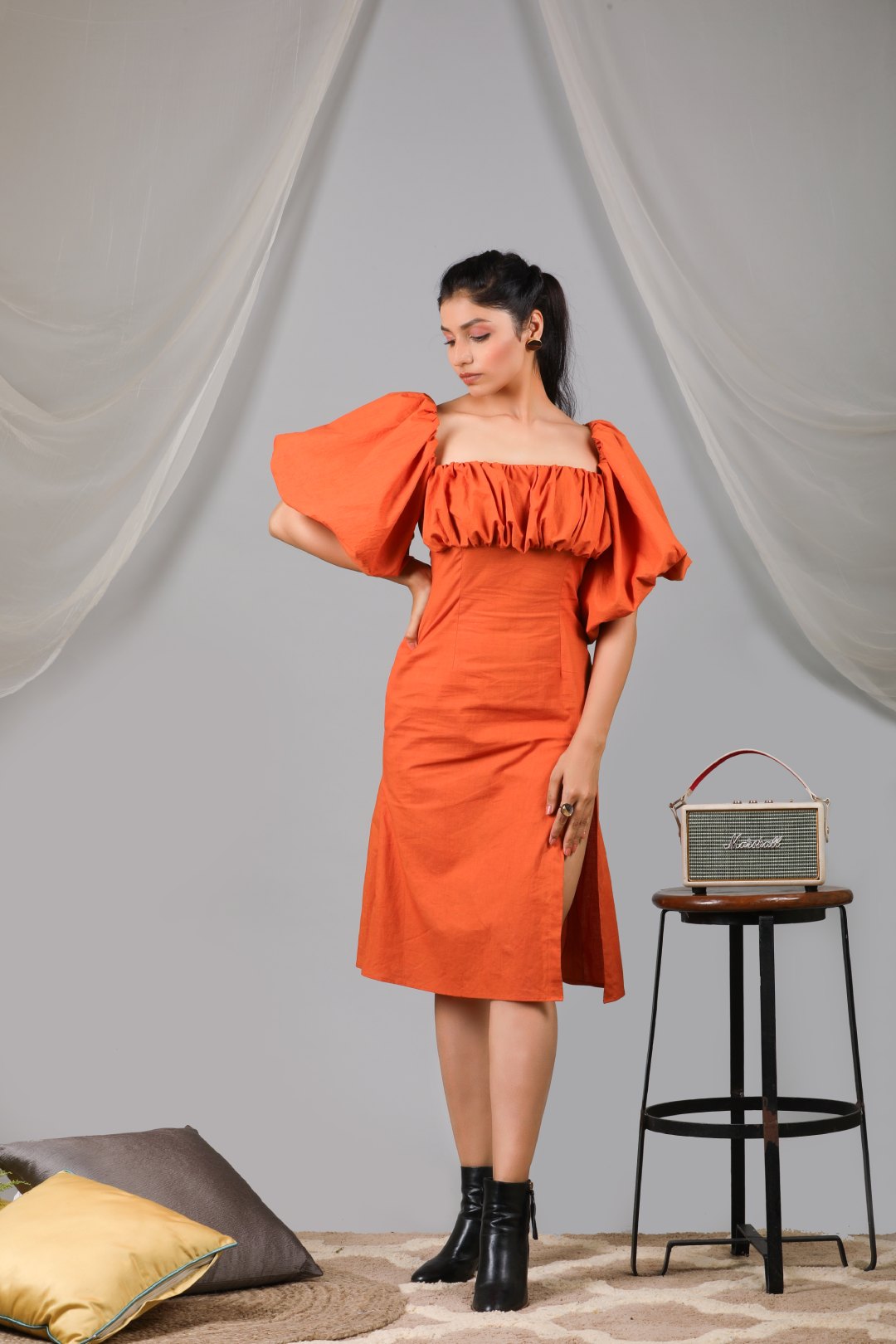 Burnt orange puff front shift dress with side slit