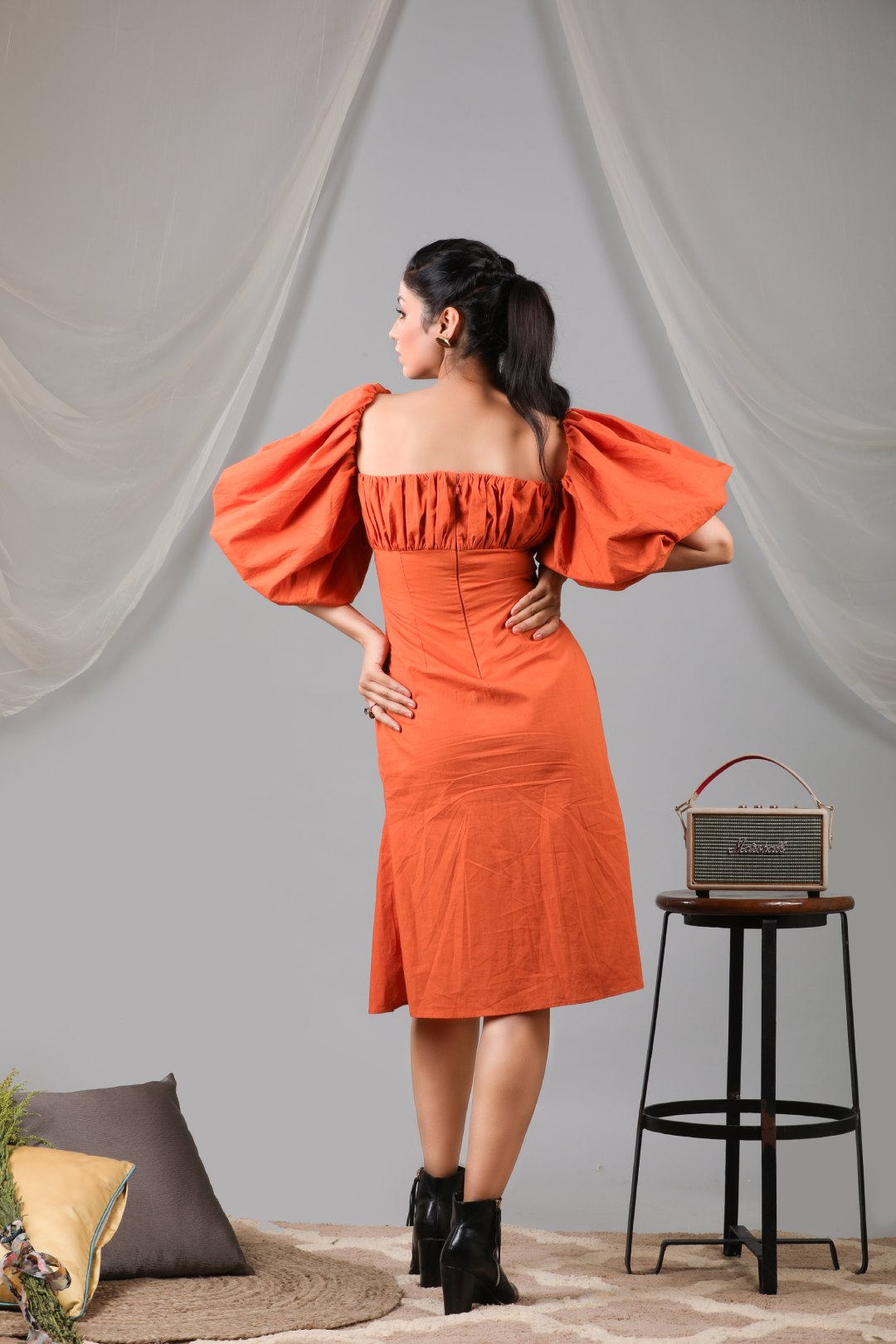 Burnt orange puff front shift dress with side slit