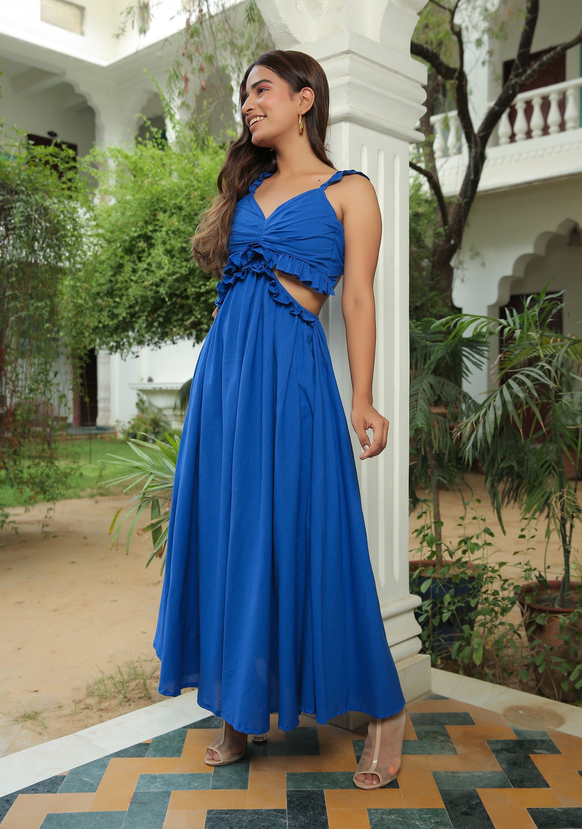 CLASSIC BLUE RUFFLED WAIST CUT OUT MAXI DRESS