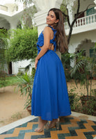 CLASSIC BLUE RUFFLED WAIST CUT OUT MAXI DRESS