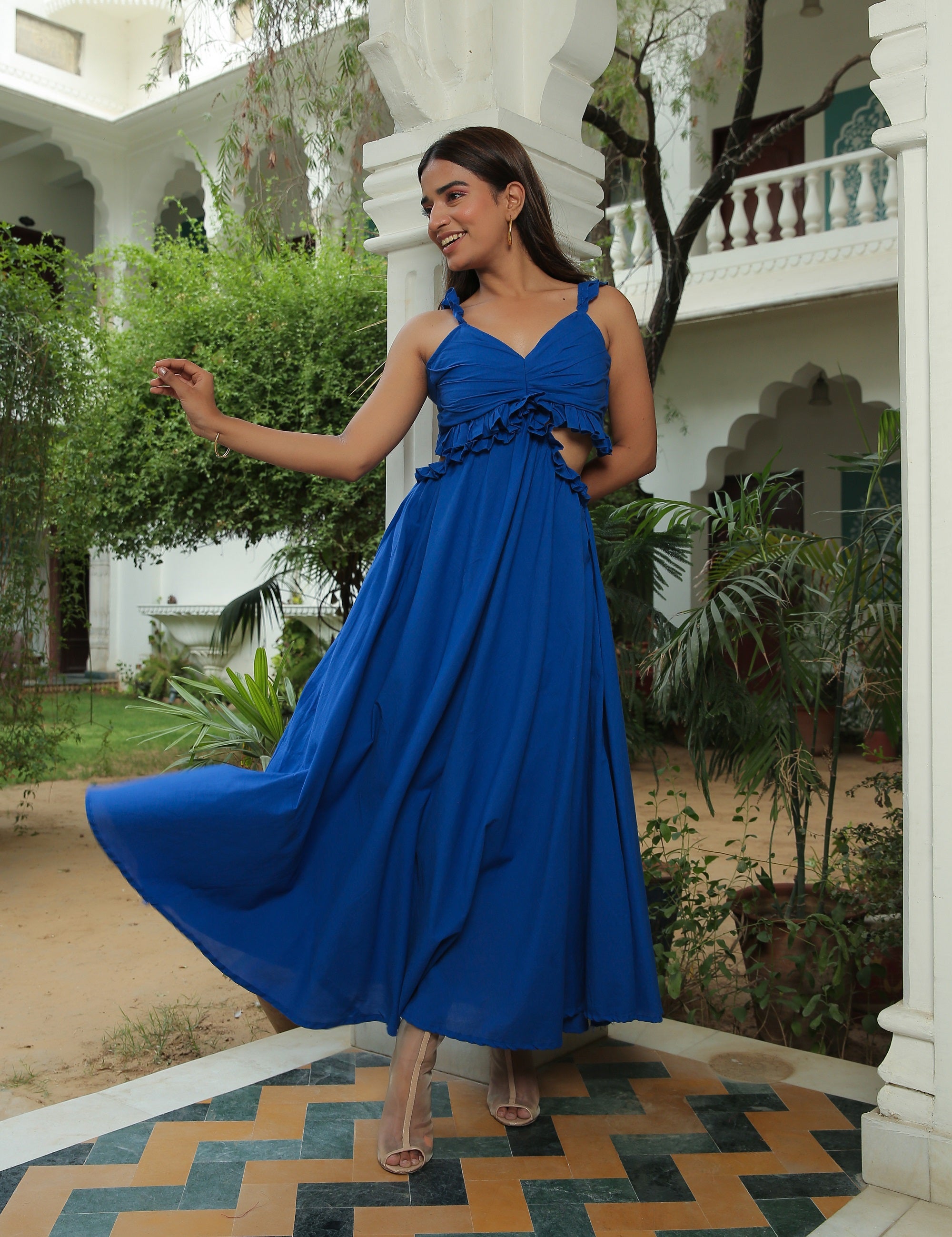 CLASSIC BLUE RUFFLED WAIST CUT OUT MAXI DRESS
