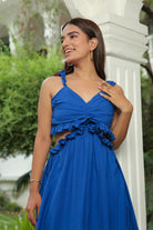 CLASSIC BLUE RUFFLED WAIST CUT OUT MAXI DRESS