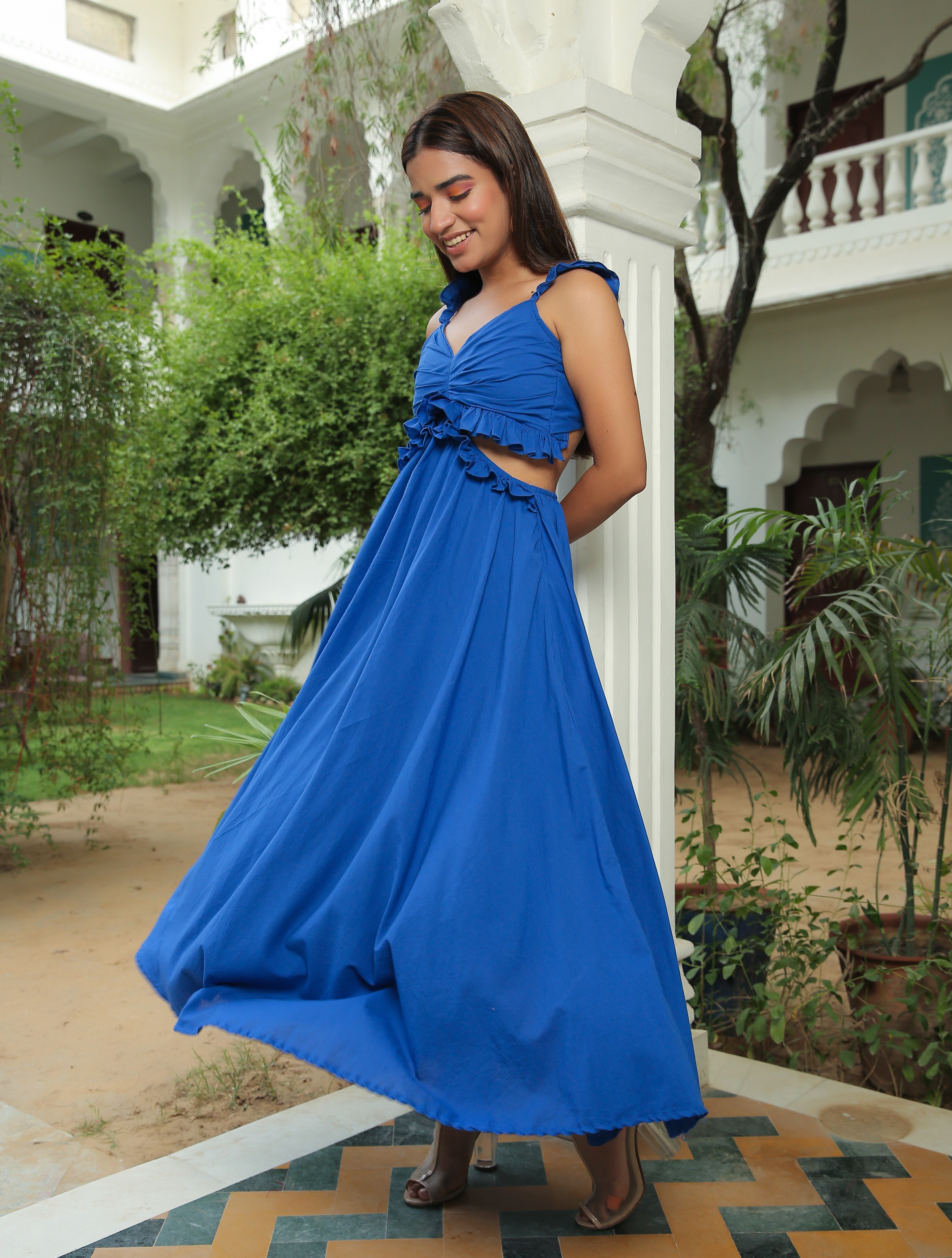 CLASSIC BLUE RUFFLED WAIST CUT OUT MAXI DRESS