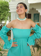 ISLAND PARADISE BLUE OFF SHOULDER WAIST CUT DRESS