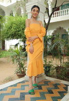 MIMOSA YELLOW OFF SHOULDER SMOKED MIDI DRESS