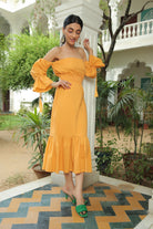 MIMOSA YELLOW OFF SHOULDER SMOKED MIDI DRESS