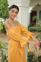 MIMOSA YELLOW OFF SHOULDER SMOKED MIDI DRESS