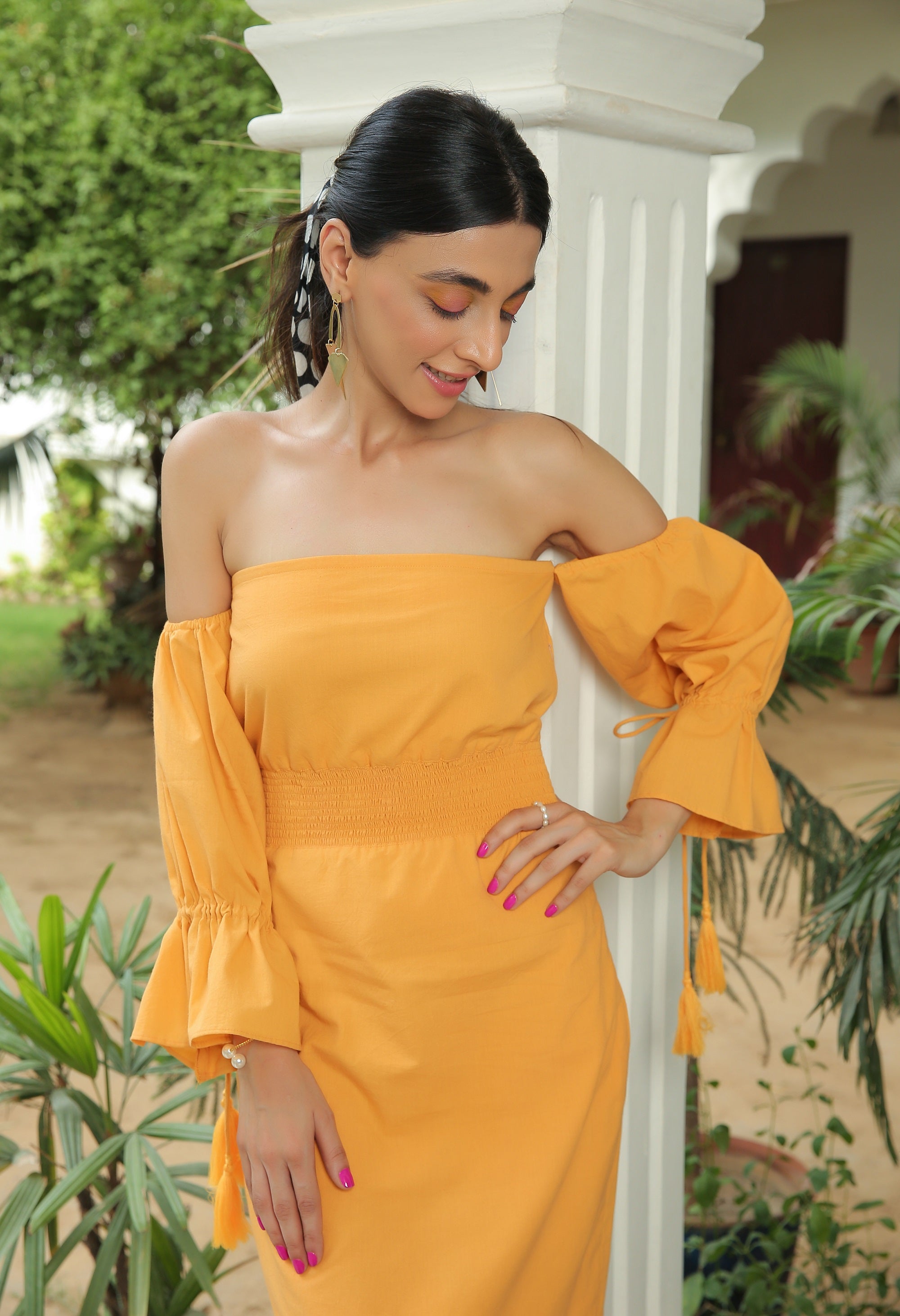 MIMOSA YELLOW OFF SHOULDER SMOKED MIDI DRESS