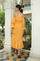 MIMOSA YELLOW OFF SHOULDER SMOKED MIDI DRESS