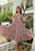 MULTI FLORAL PRINT FLARED MIDI DRESS