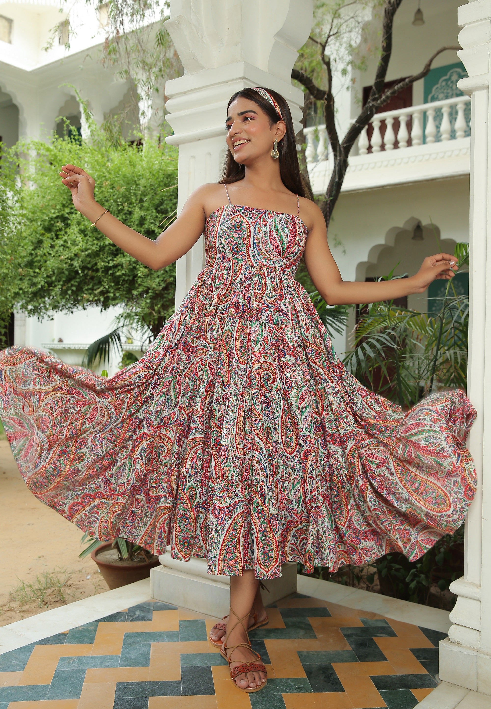 MULTI FLORAL PRINT FLARED MIDI DRESS