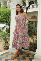 MULTI FLORAL PRINT FLARED MIDI DRESS