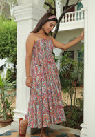 MULTI FLORAL PRINT FLARED MIDI DRESS