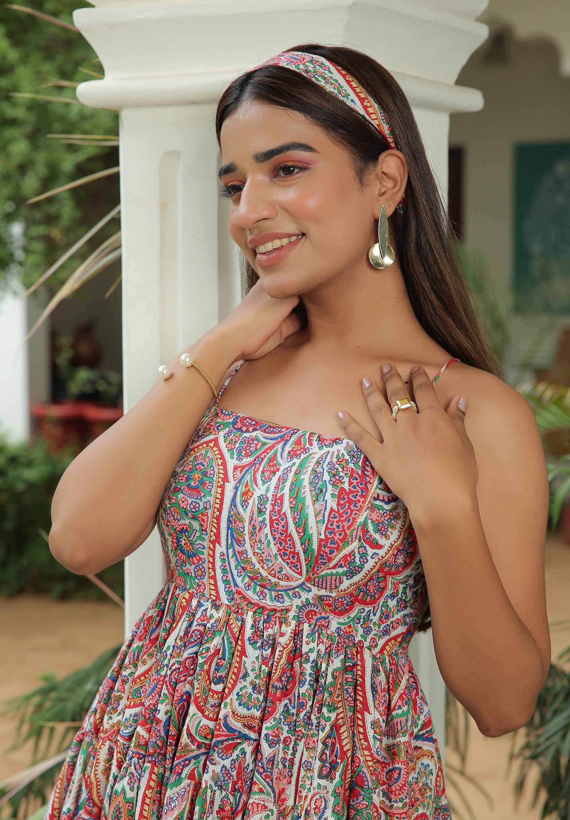 MULTI FLORAL PRINT FLARED MIDI DRESS