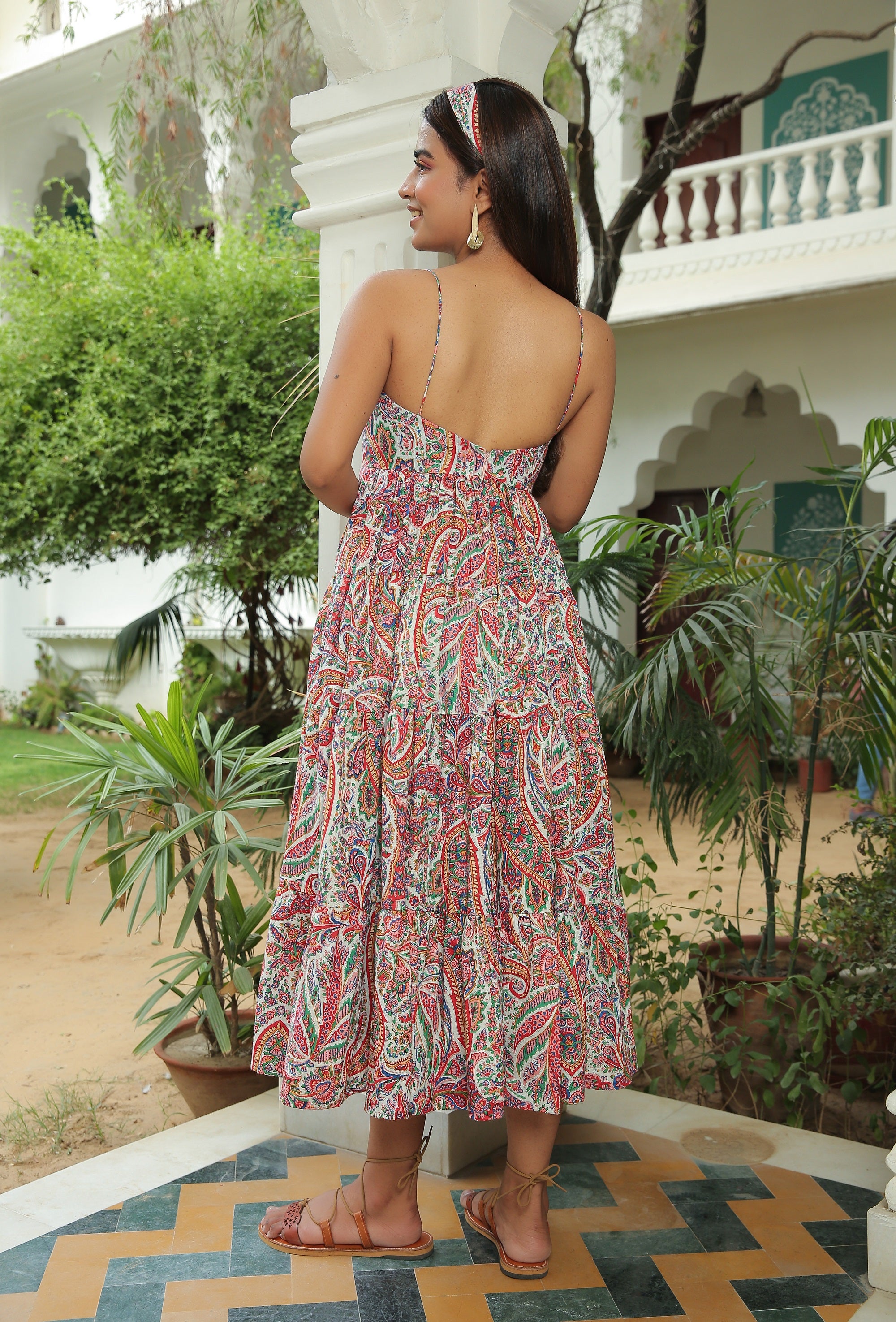MULTI FLORAL PRINT FLARED MIDI DRESS