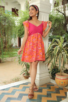 TAN ORANGE FLORAL PRINT DRESS WITH RUFFLED SLEEVES