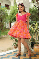 TAN ORANGE FLORAL PRINT DRESS WITH RUFFLED SLEEVES