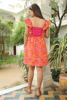 TAN ORANGE FLORAL PRINT DRESS WITH RUFFLED SLEEVES