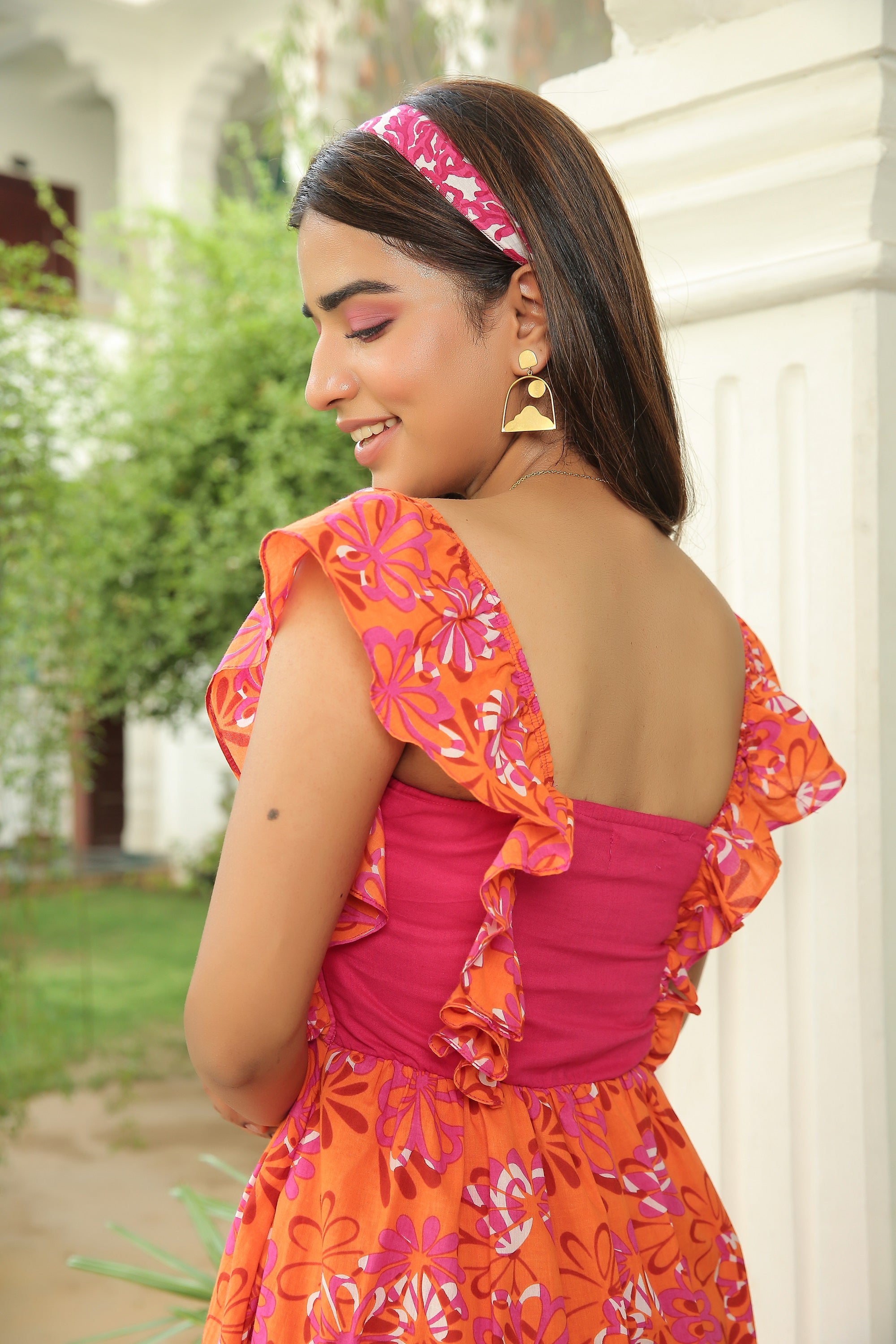 TAN ORANGE FLORAL PRINT DRESS WITH RUFFLED SLEEVES