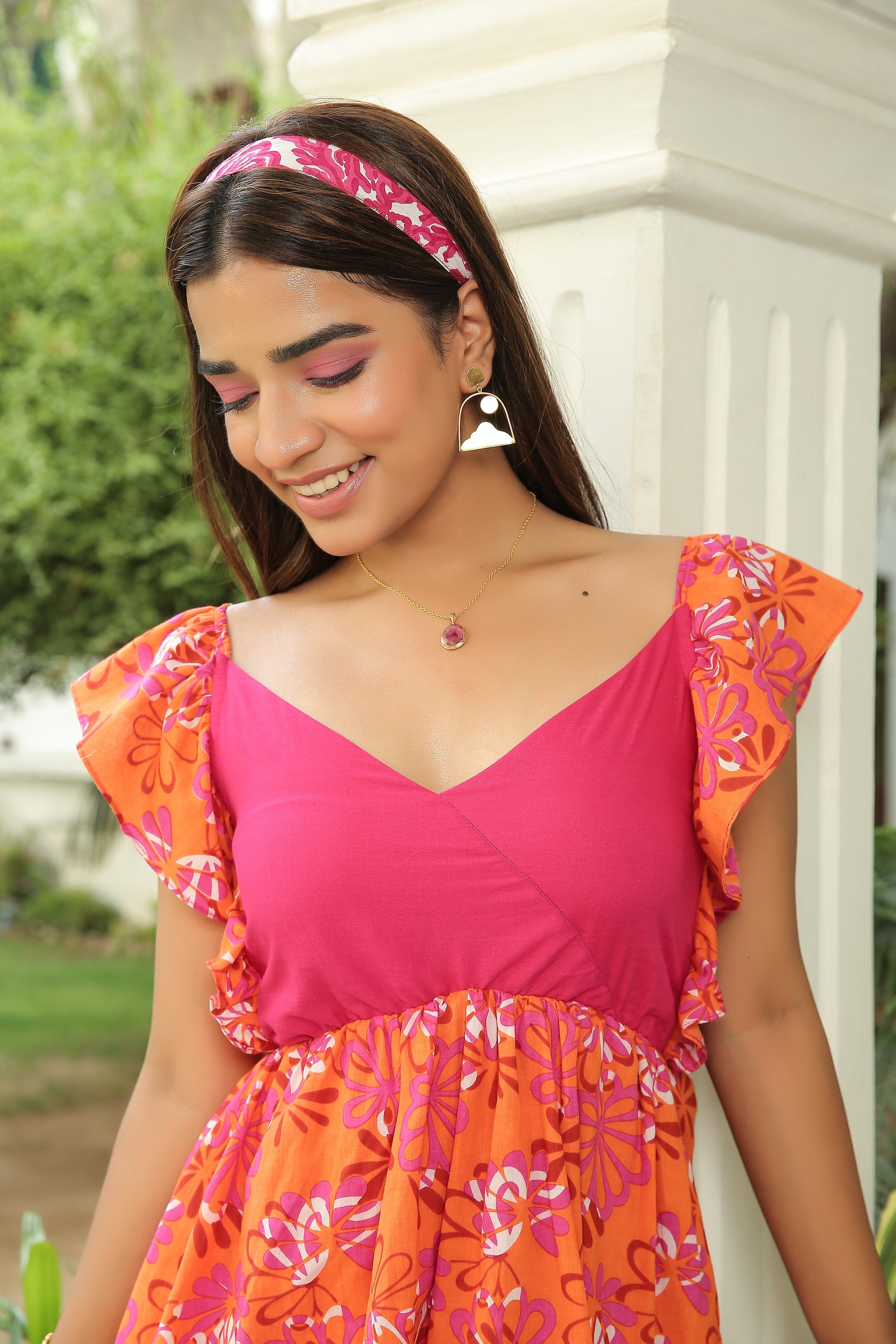 TAN ORANGE FLORAL PRINT DRESS WITH RUFFLED SLEEVES