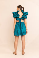 Aqua splash shoulder ruffle with front waist cut out skater dress