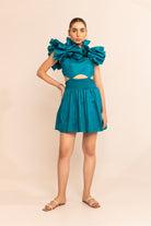Aqua splash shoulder ruffle with front waist cut out skater dress