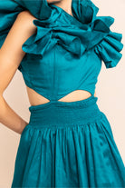 Aqua splash shoulder ruffle with front waist cut out skater dress