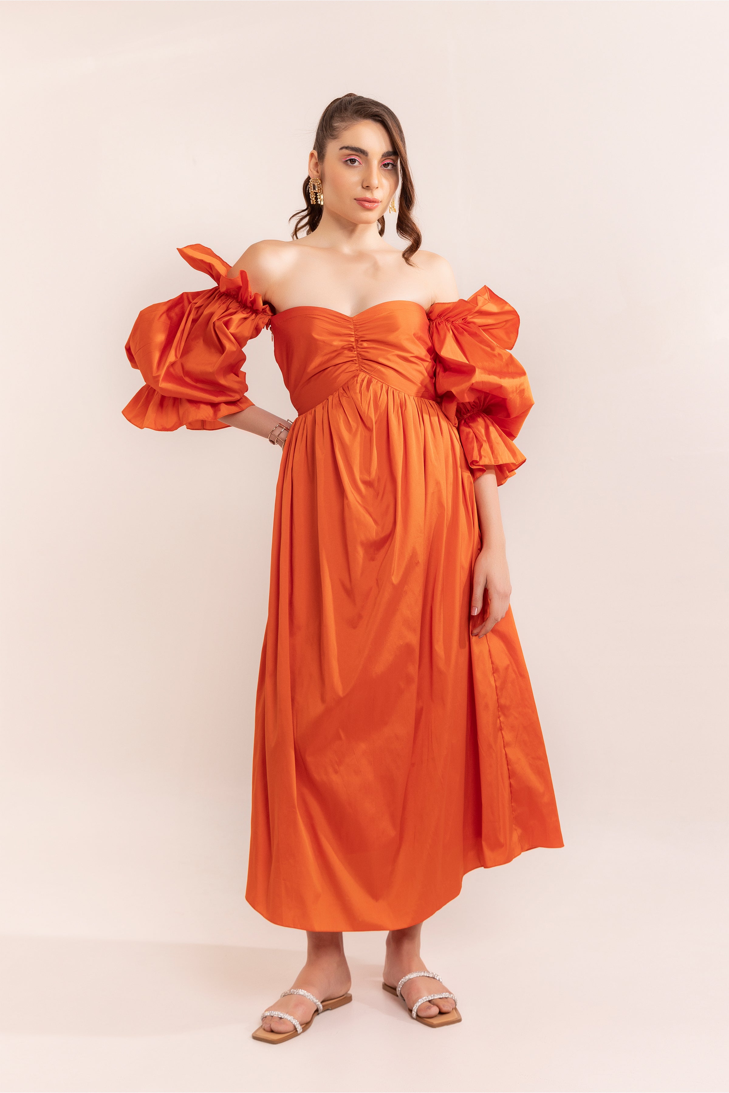 Autumn sunset off shoulder maxi dress